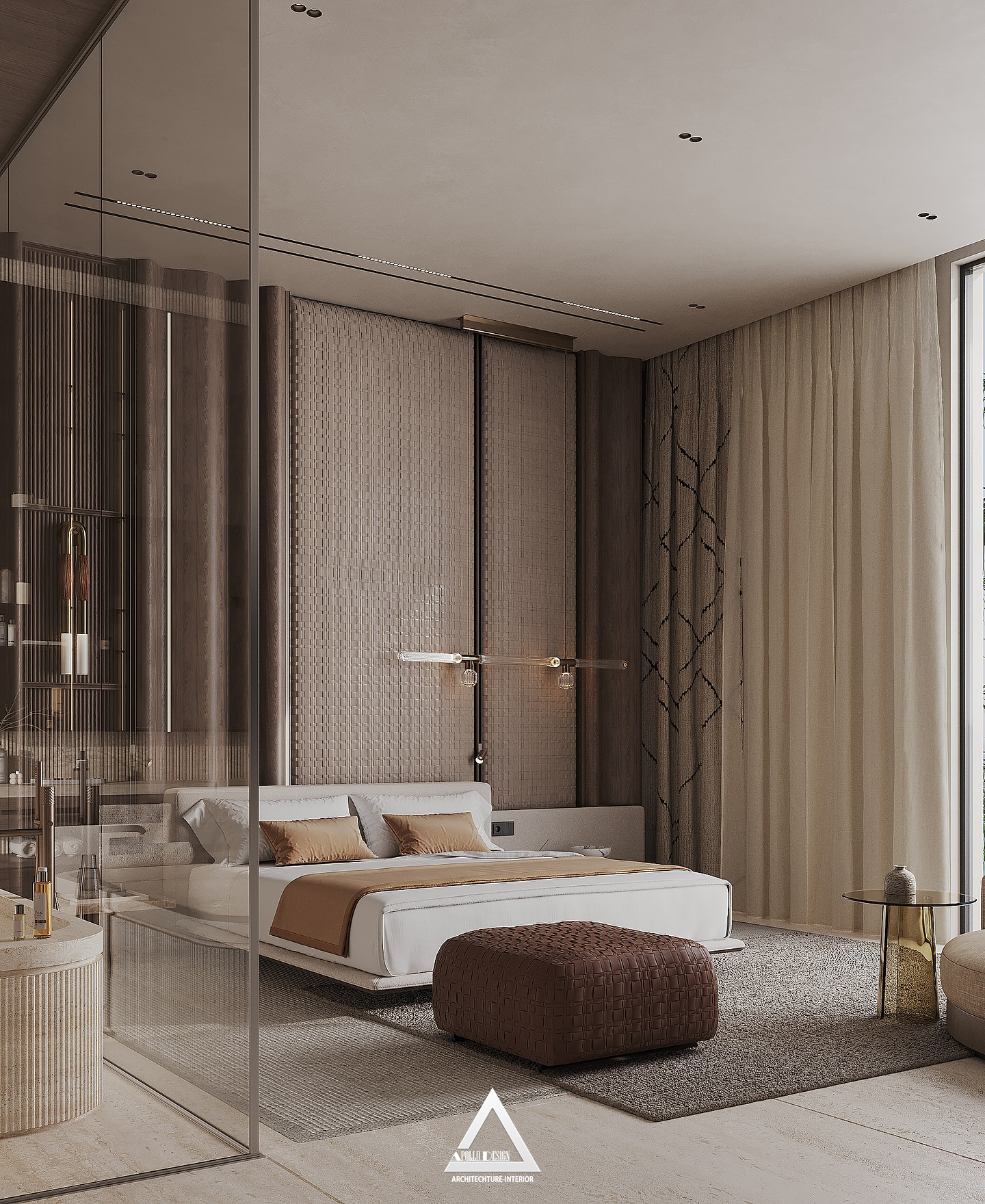 Phòng ngủ Biệt Thự Hiện Đại QA House với nội thất tối giản và phòng tắm mở.